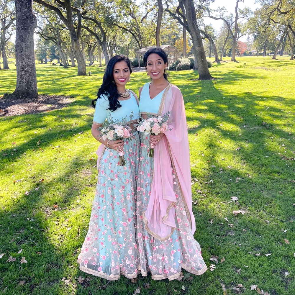 Elegant Mint Floral Embroidered Lehenga with Pink Accents